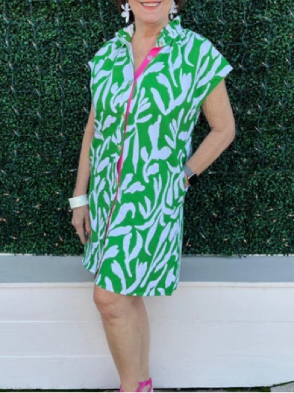 THML Green and White Abstract Ruffle Collar Mini Dress with Pink Trim
